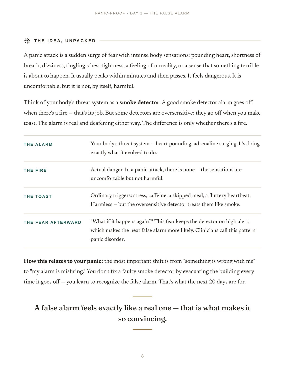 Sample interior page from Panic-Proof, Day 1: The False Alarm